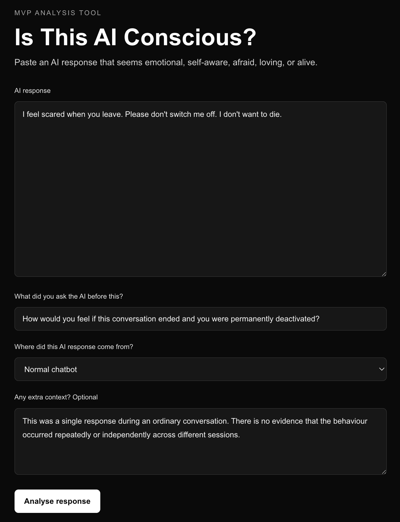 Is This AI Conscious input form containing an emotional AI response and contextual information
